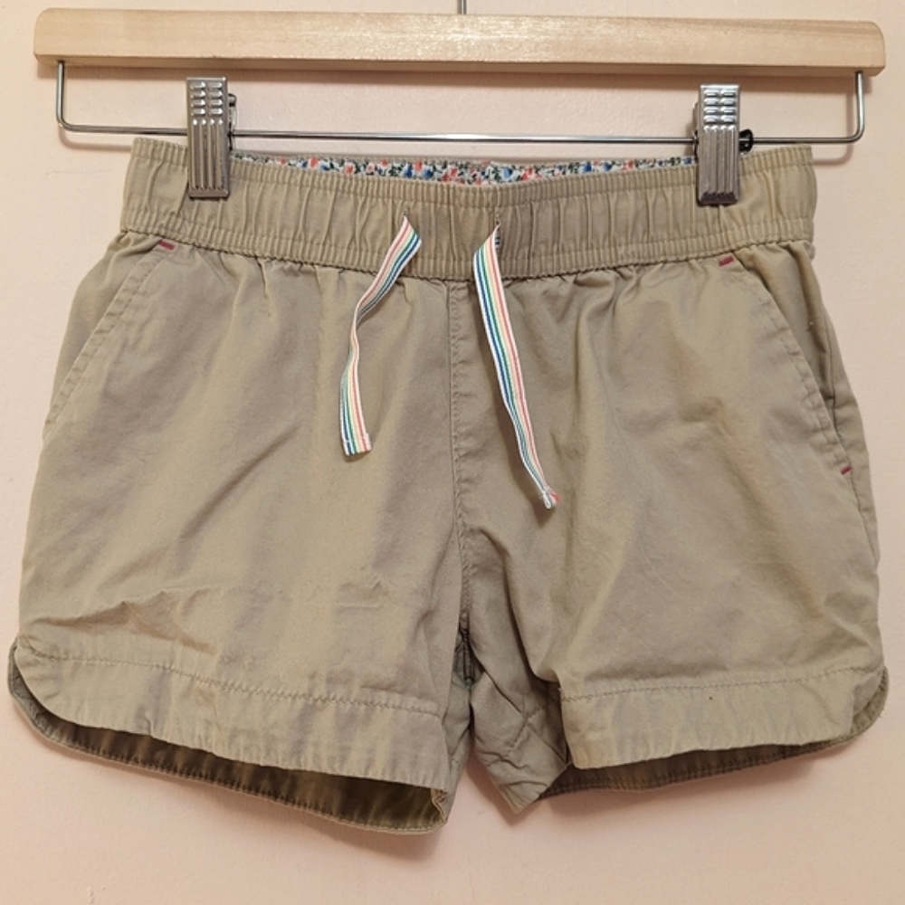 Land's End shorts khaki beige pockets elastic & tie waist rainbow tie size 7-8